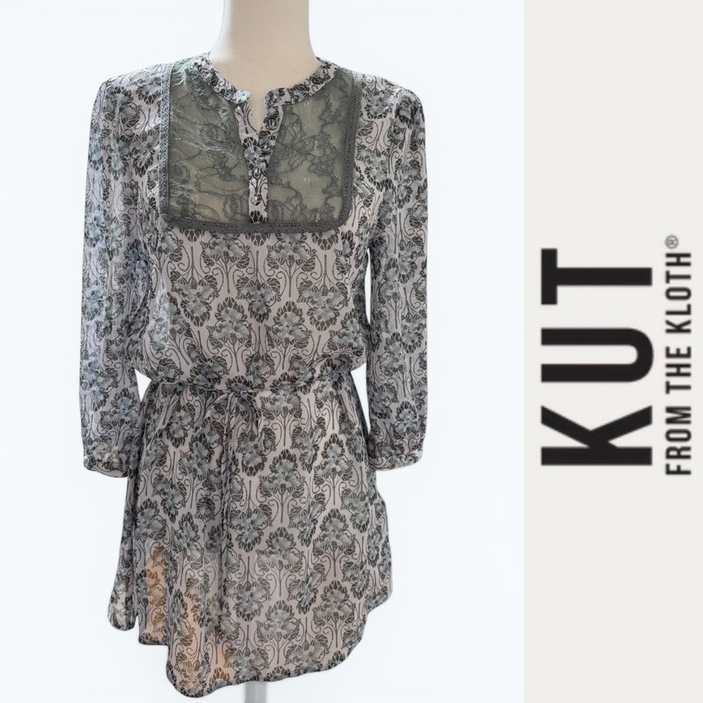 KUT from the Kloth Sheer Olive & White Printed Lace Yoke Tunic, Size M, MSRP $69